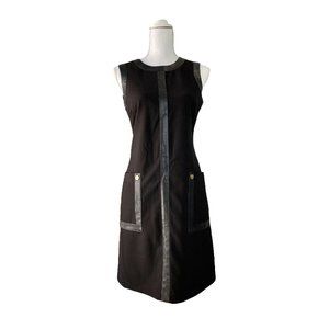 Calvin Klein Womens Faux Leather Trim Sleeveless Sheath Dress Black Gold Size 6